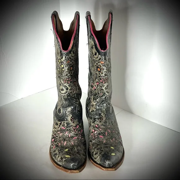 Johnny Ringo Cowboy Boots Genuine Leather Floral Overlay Black Pink Lime Yellow - Picture 8 of 12